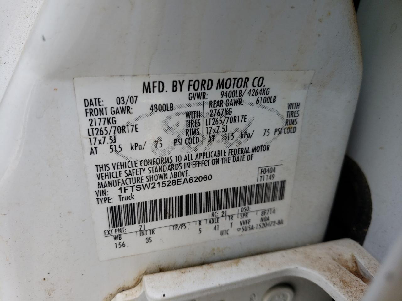 Photo 10 from auction – 2008 FORD SRW SUPRDT with VIN 1FTSW21528EA62060