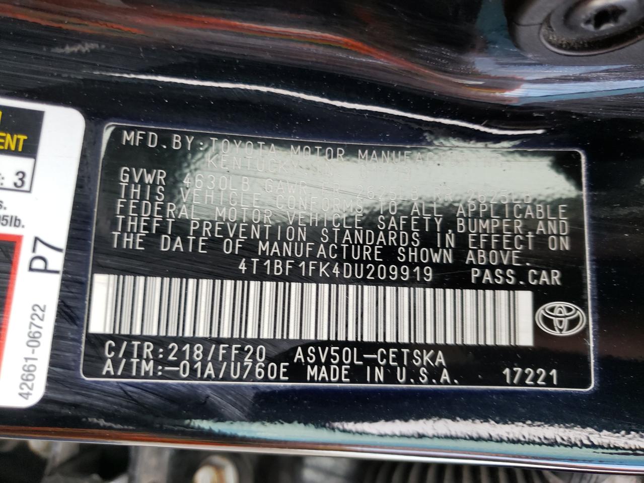 Photo 10 from auction – 2013 TOYOTA CAMRY with VIN 4T1BF1FK4DU209919