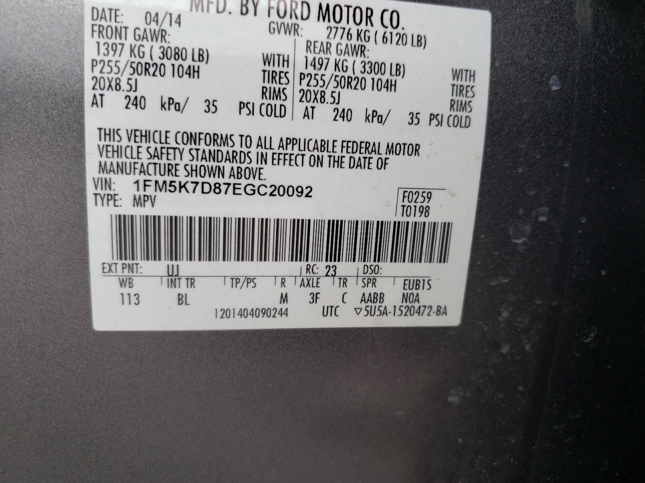 Photo 10 from auction – 2014 FORD EXPLORER X with VIN 1FM5K7D87EGC20092