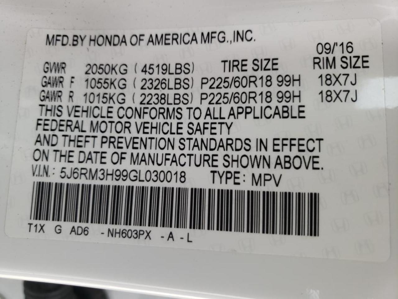 Photo 10 from auction – 2016 HONDA CR-V TOURI with VIN 5J6RM3H99GL030018