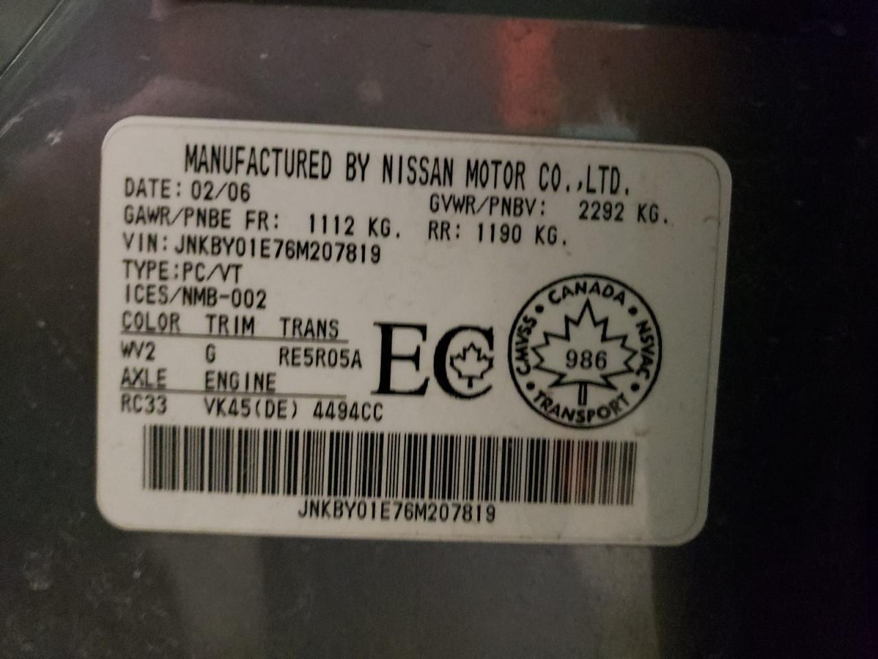 Photo 10 from auction – 2006 INFINITI M45 BASE with VIN JNKBY01E76M207819