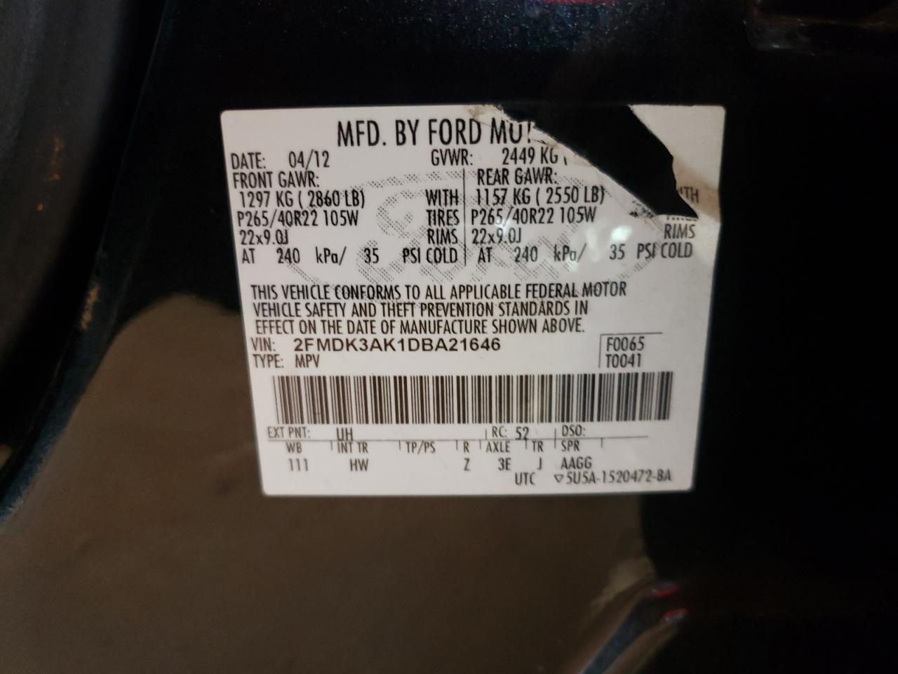 Photo 10 from auction – 2013 FORD EDGE SPORT with VIN 2FMDK3AK1DBA21646