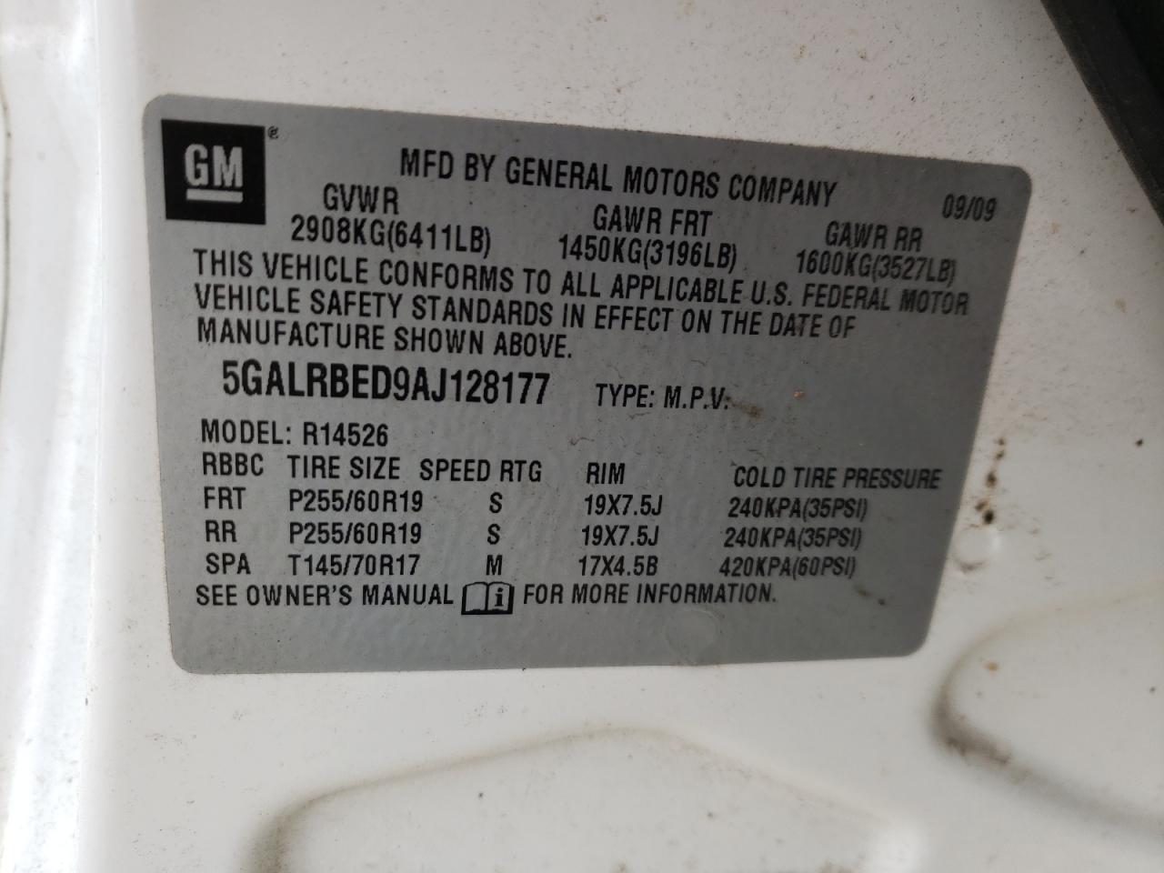 Photo 10 from auction – 2010 BUICK ENCLAVE CX with VIN 5GALRBED9AJ128177