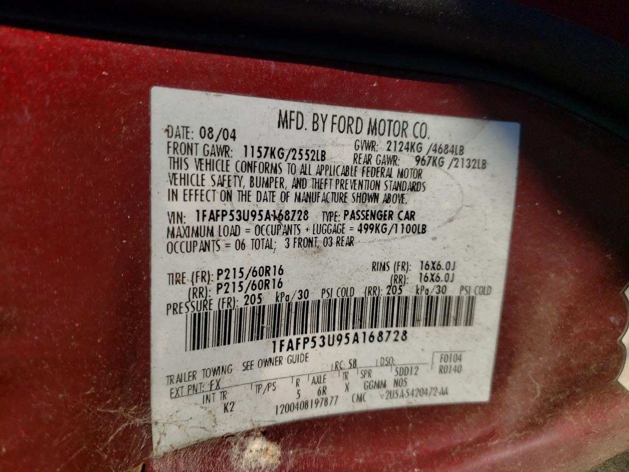 Photo 10 from auction – 2005 FORD TAURUS SE with VIN 1FAFP53U95A168728