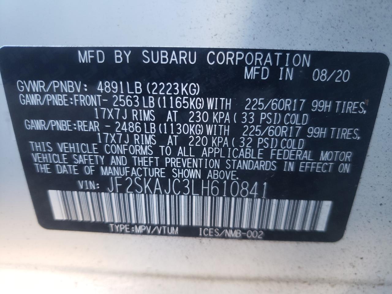 Photo 10 from auction – 2020 SUBARU FORESTER P with VIN JF2SKAJC3LH610841