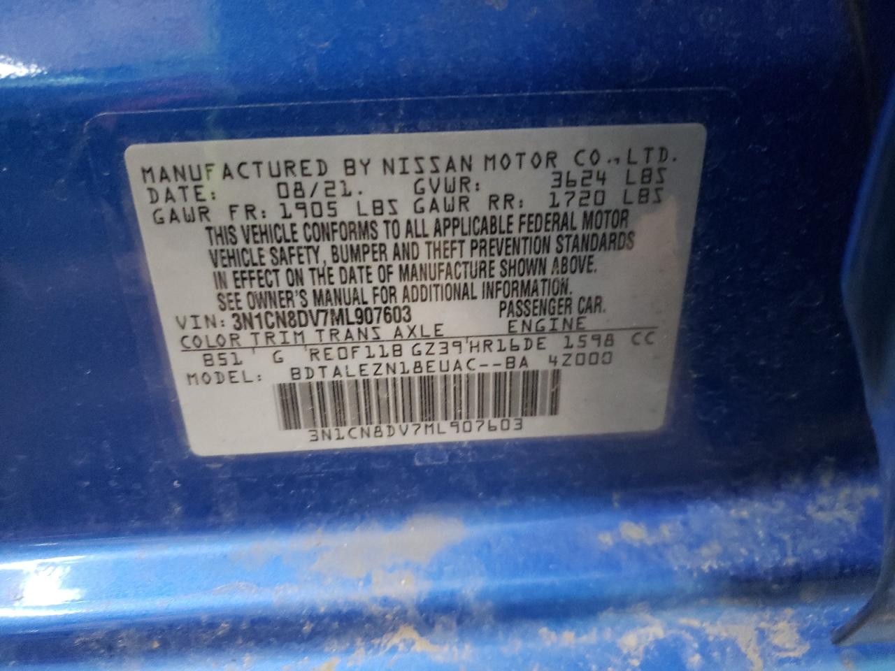 Photo 10 from auction – 2021 NISSAN VERSA S with VIN 3N1CN8DV7ML907603