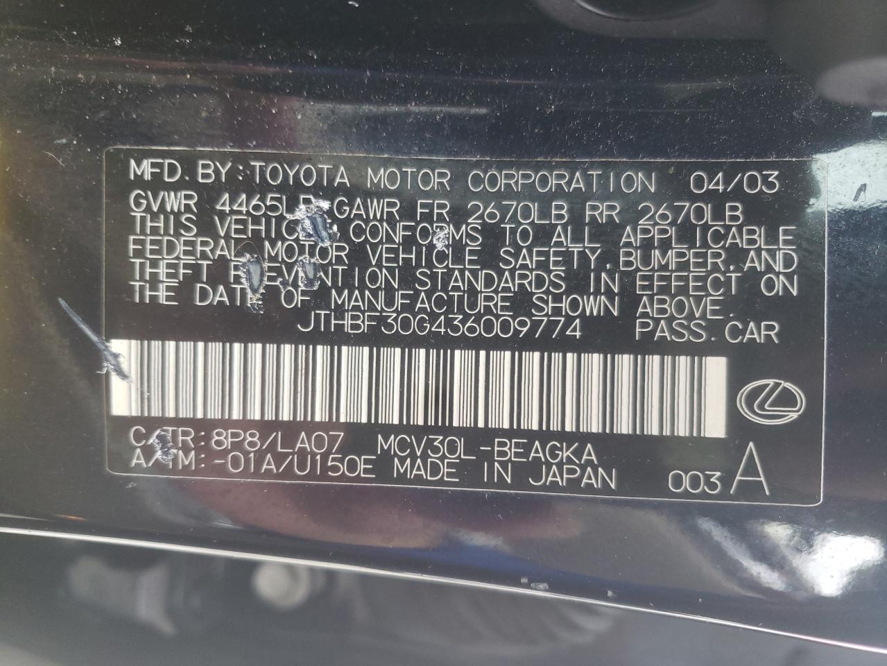 Photo 10 from auction – 2003 LEXUS ES 300 with VIN JTHBF30G436009774