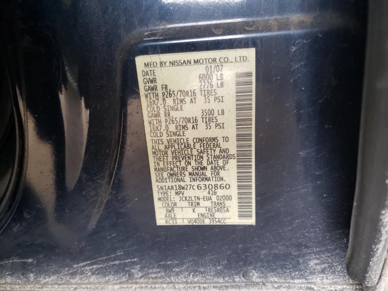 Photo 10 from auction – 2007 NISSAN PATHFINDER with VIN 5N1AR18W27C630860