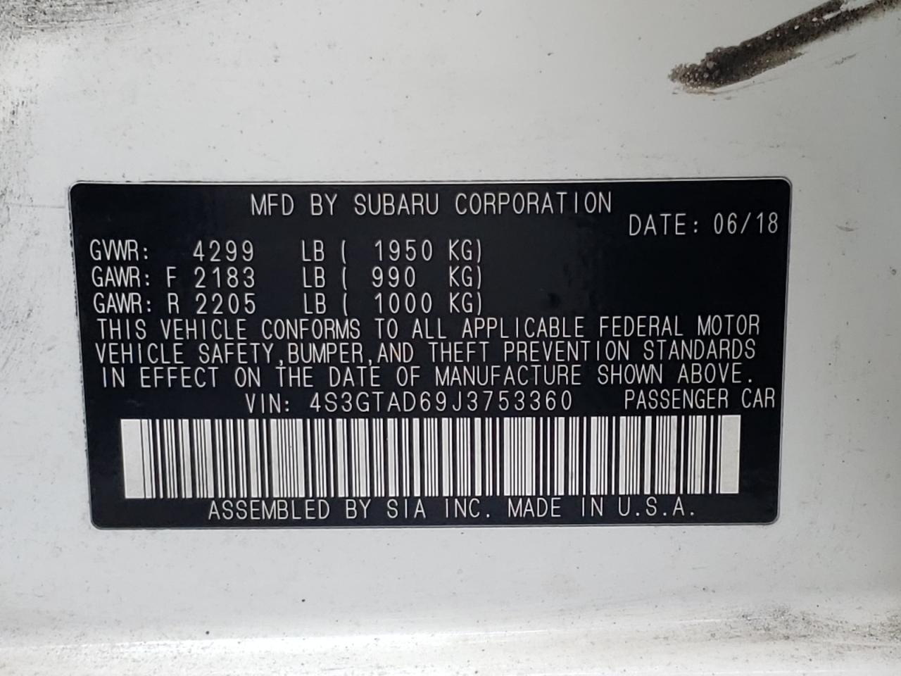 Photo 10 from auction – 2018 SUBARU IMPREZA PR with VIN 4S3GTAD69J3753360