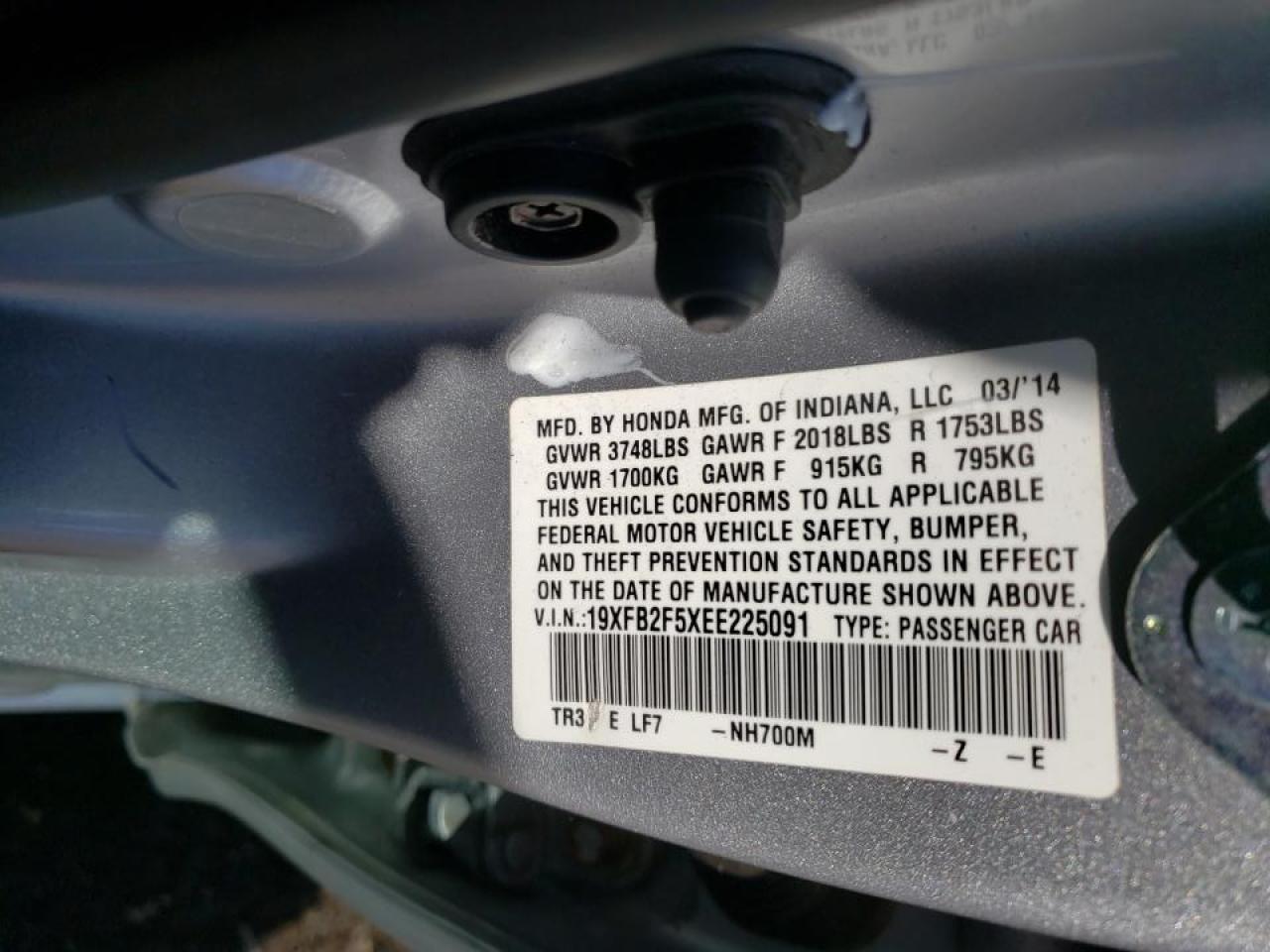 Photo 10 from auction – 2014 HONDA CIVIC LX with VIN 19XFB2F5XEE225091