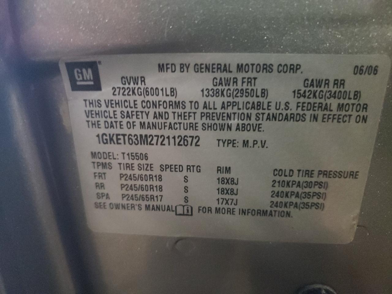 Photo 10 from auction – 2007 GMC ENVOY DENA with VIN 1GKET63M272112672