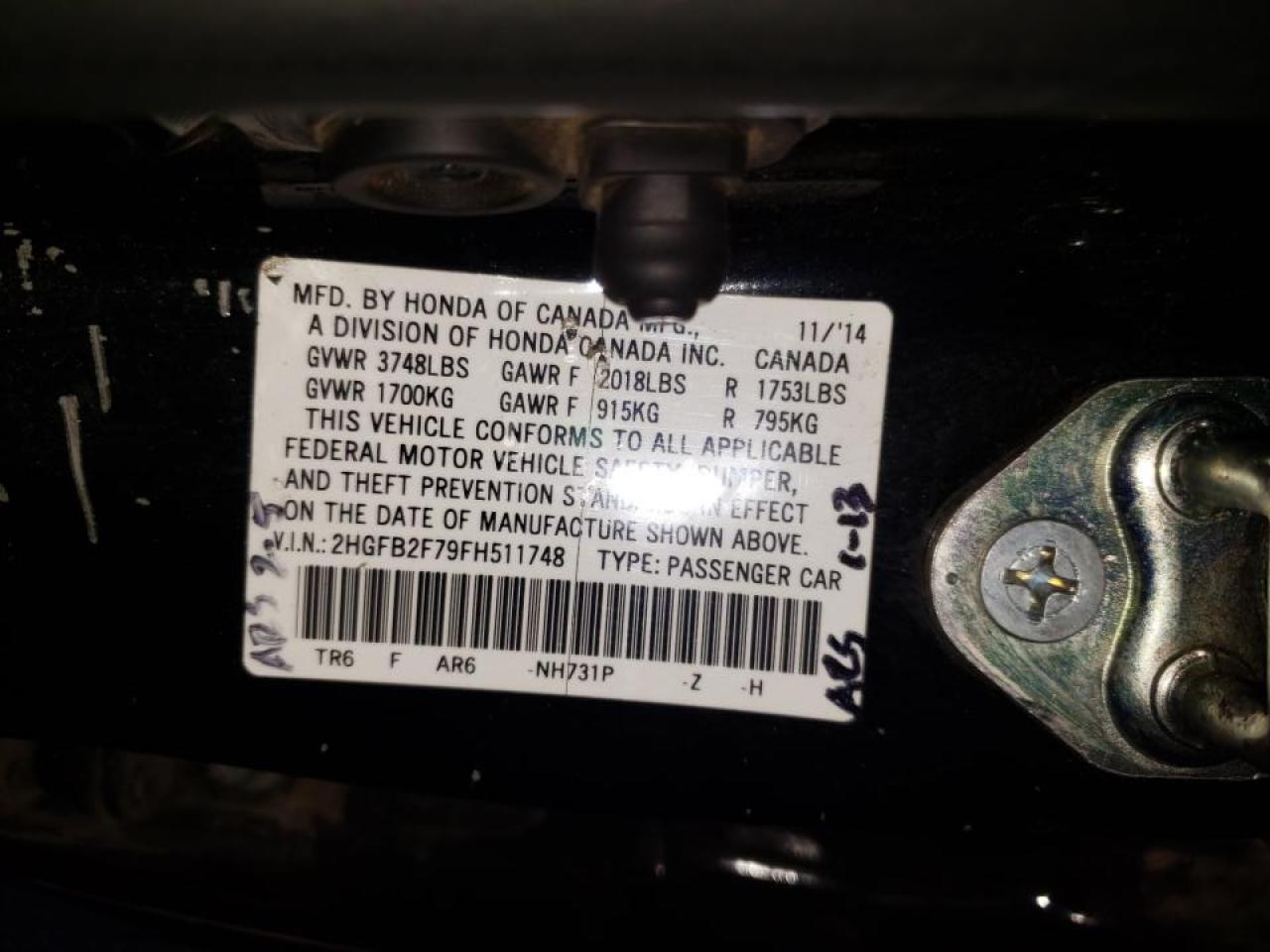 Photo 10 from auction – 2015 HONDA CIVIC SE with VIN 2HGFB2F79FH511748