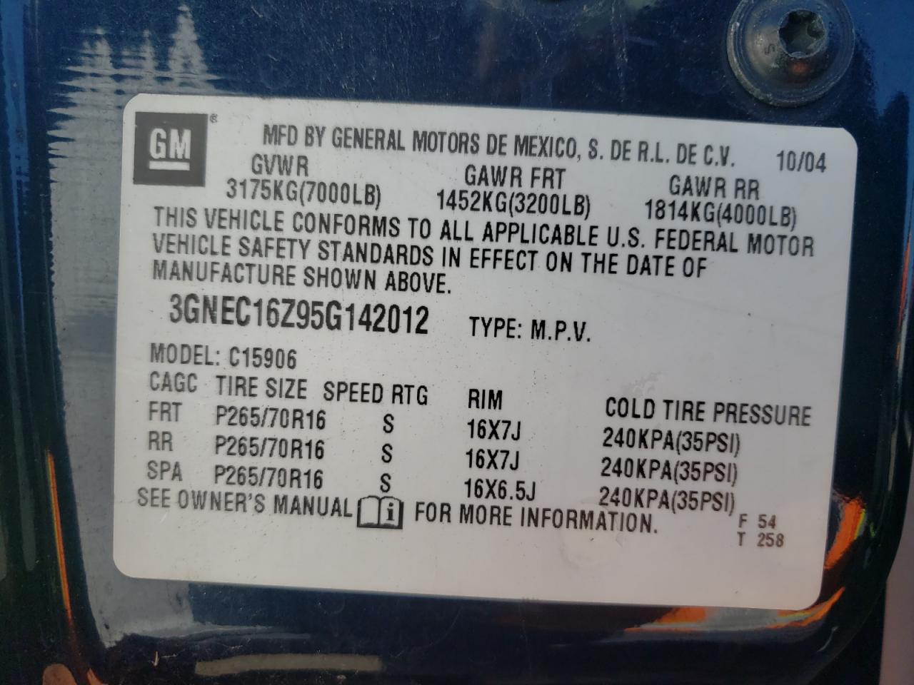 Photo 10 from auction – 2005 CHEVROLET SUBURBAN C with VIN 3GNEC16Z95G142012