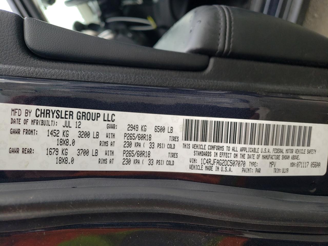 Photo 10 from auction – 2013 JEEP GRAND CHER with VIN 1C4RJFAG2DC507070