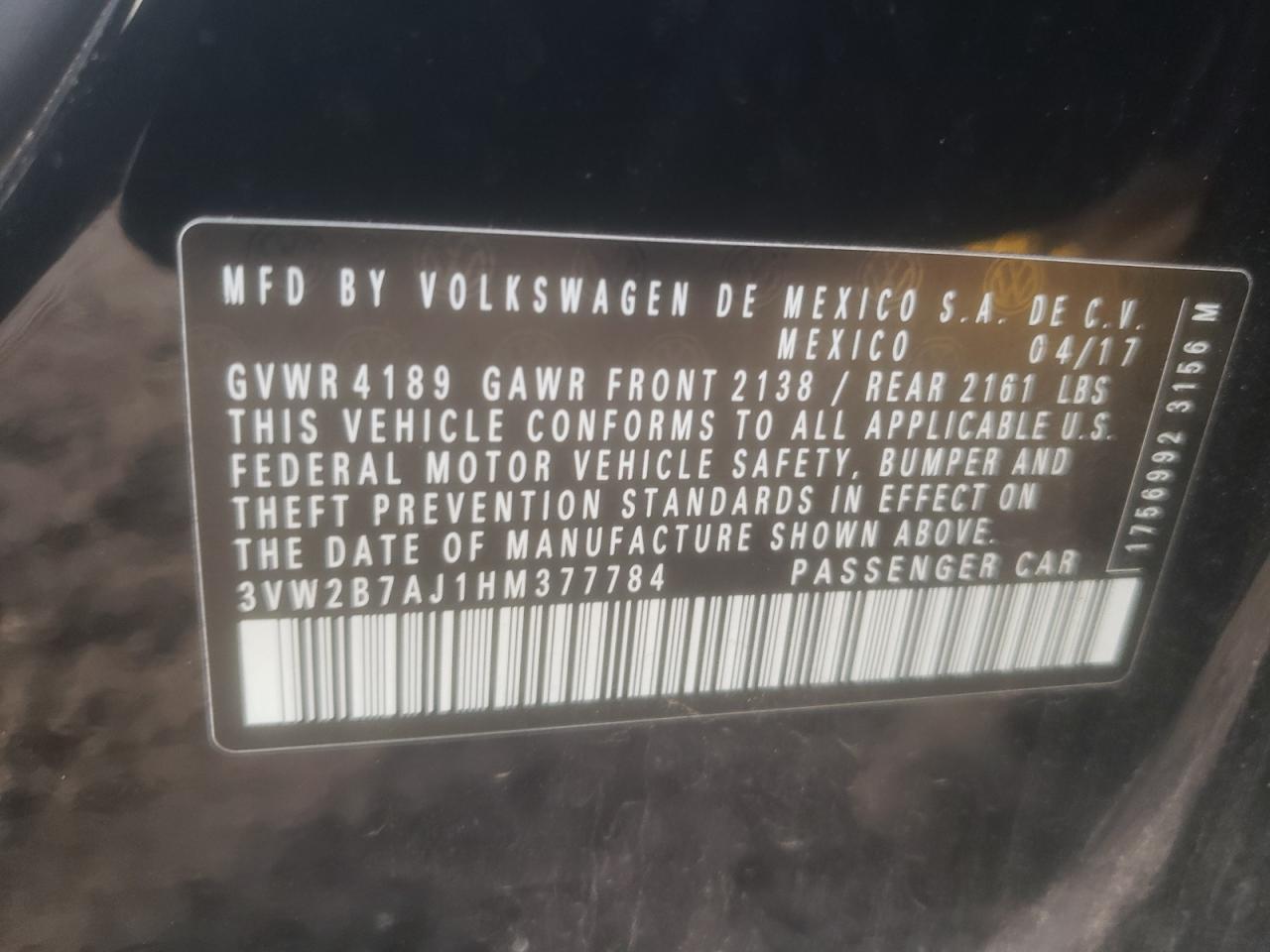 Photo 10 from auction – 2017 VOLKSWAGEN JETTA S with VIN 3VW2B7AJ1HM377784
