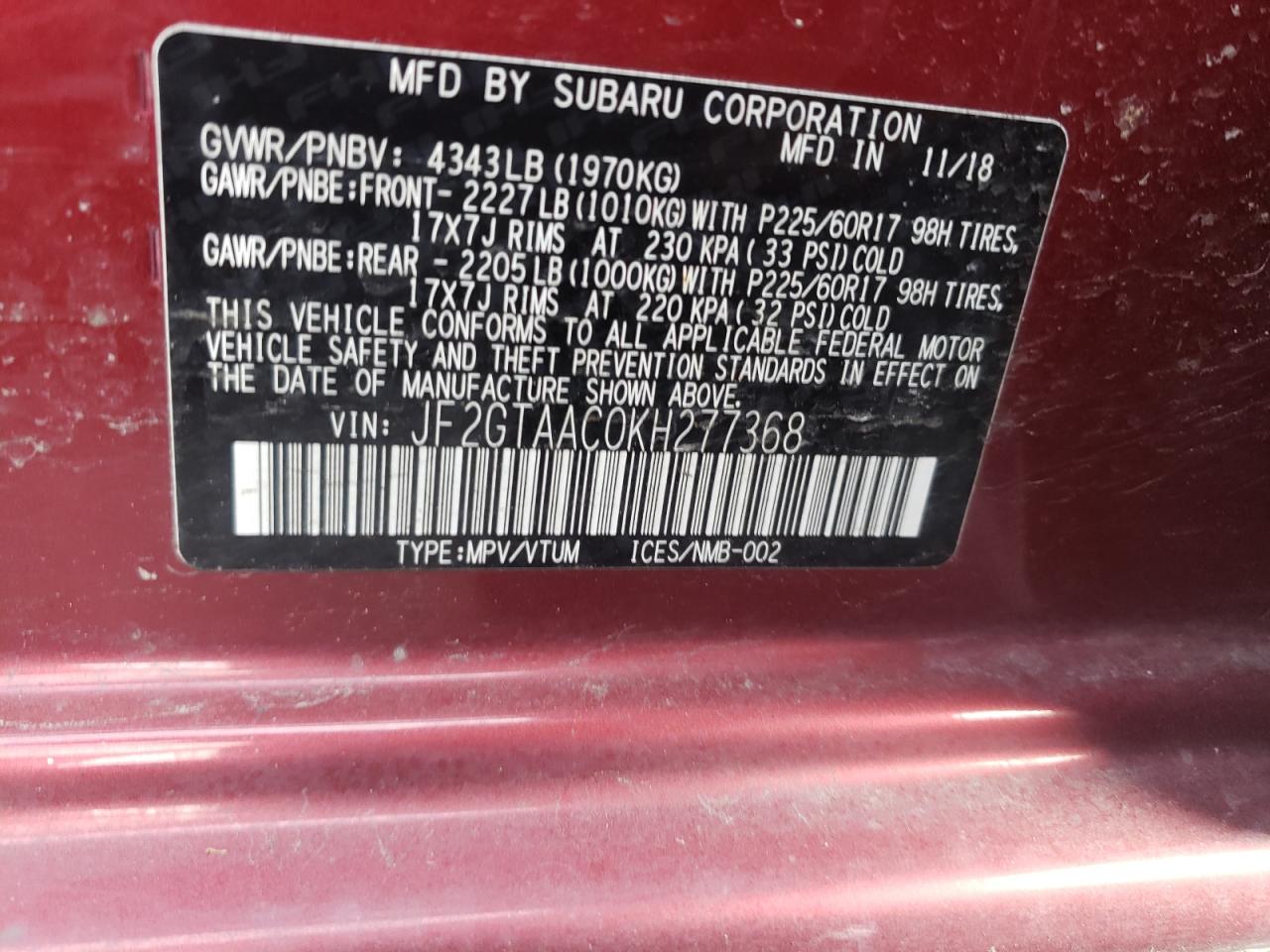 Photo 10 from auction – 2019 SUBARU CROSSTREK with VIN JF2GTAAC0KH277368