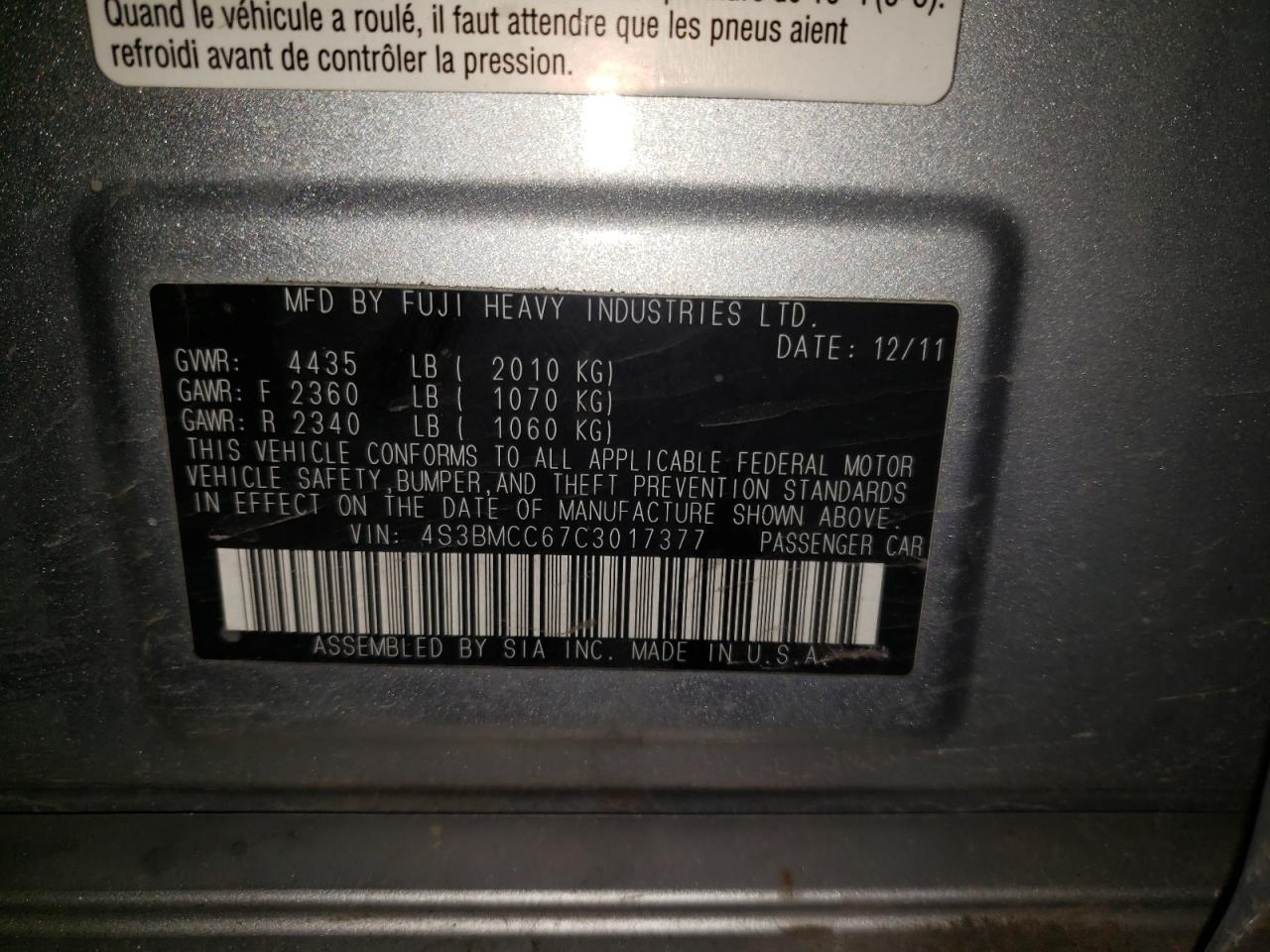 Photo 10 from auction – 2012 SUBARU LEGACY 2.5 with VIN 4S3BMCC67C3017377