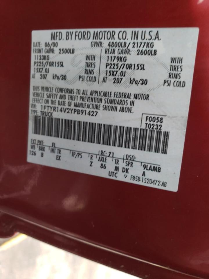 Photo 10 from auction – 2000 FORD RANGER SUP with VIN 1FTYR14V2YPB91427