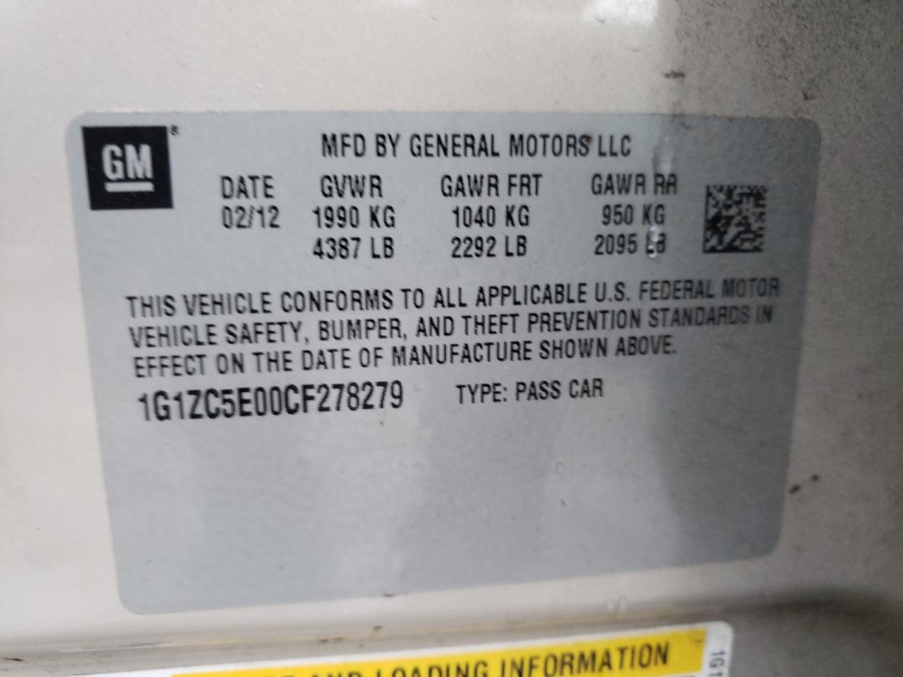 Photo 10 from auction – 2012 CHEVROLET MALIBU 1LT with VIN 1G1ZC5E00CF278279