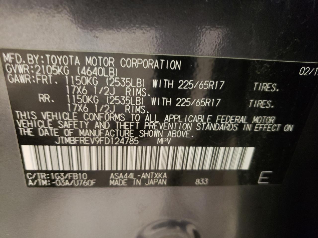 Photo 10 from auction – 2015 TOYOTA RAV4 LE with VIN JTMBFREV9FD124785