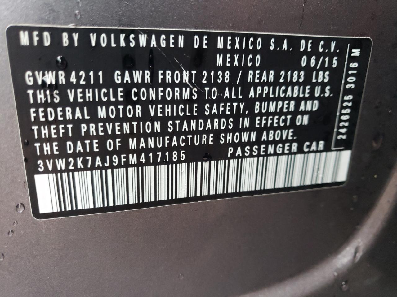 Photo 10 from auction – 2015 VOLKSWAGEN JETTA BASE with VIN 3VW2K7AJ9FM417185