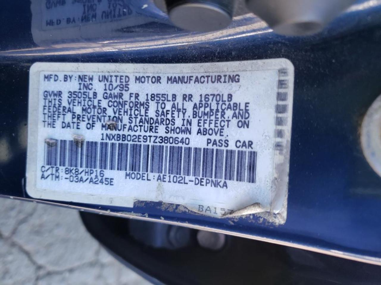 Photo 10 from auction – 1996 TOYOTA COROLLA DX with VIN 1NXBB02E9TZ380640