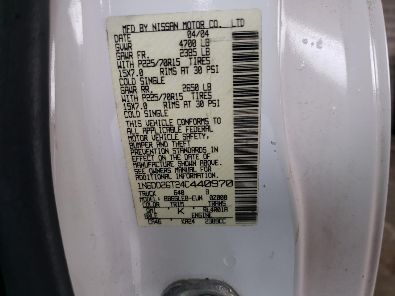 Photo 10 from auction – 2004 NISSAN FRONTIER K with VIN 1N6DD26T24C440970