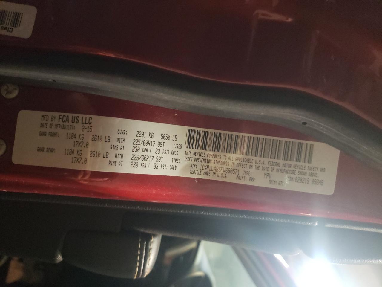 Photo 10 from auction – 2015 JEEP CHEROKEE S with VIN 1C4PJLAB5FW660571