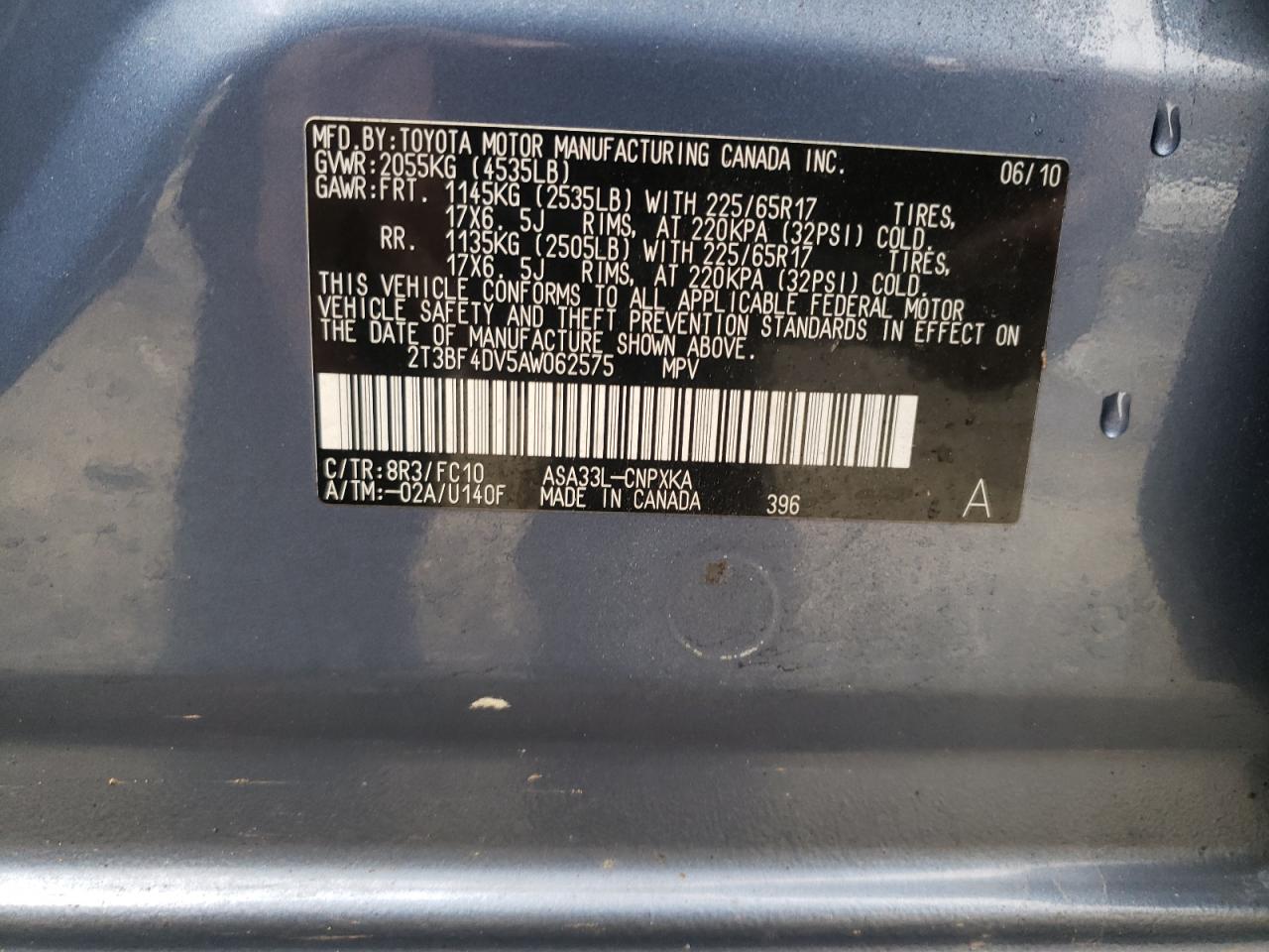 Photo 10 from auction – 2010 TOYOTA RAV4 with VIN 2T3BF4DV5AW062575