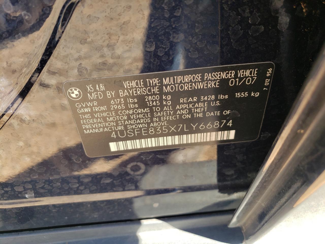 Photo 10 from auction – 2007 BMW X5 4.8I with VIN 4USFE835X7LY66874
