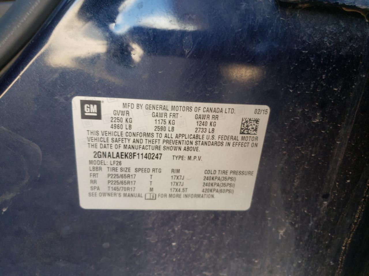 Photo 10 from auction – 2015 CHEVROLET EQUINOX LS with VIN 2GNALAEK8F1140247