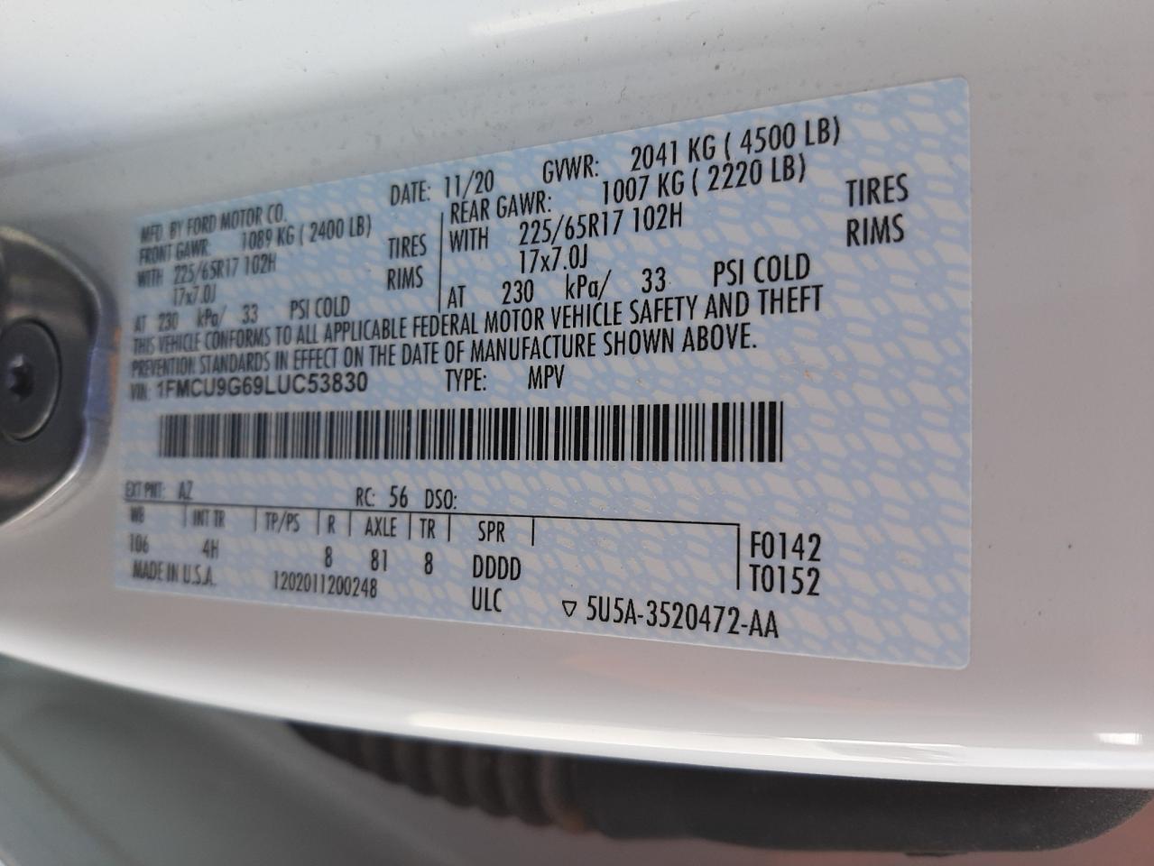 Photo 10 from auction – 2020 FORD ESCAPE SE with VIN 1FMCU9G69LUC53830