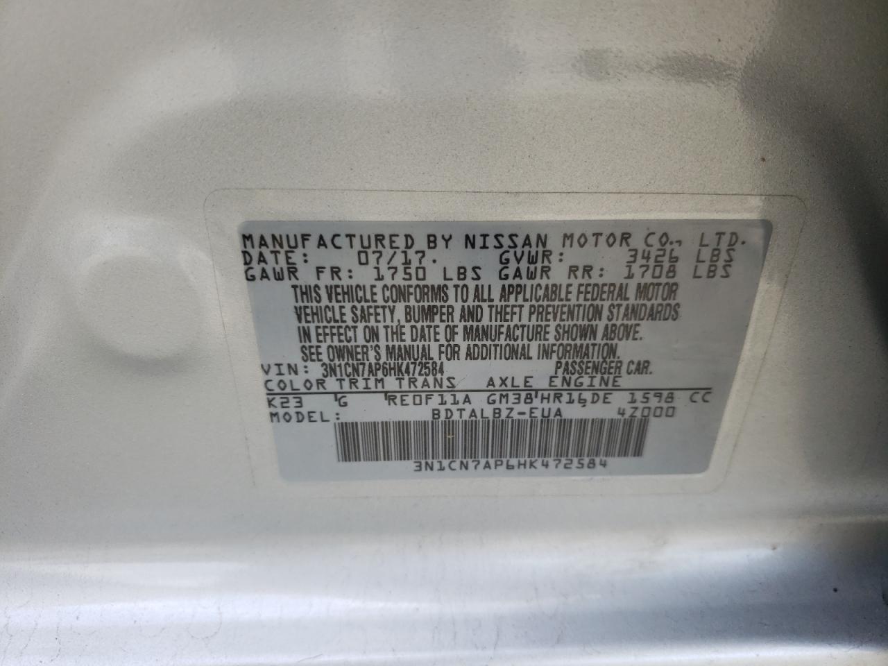 Photo 10 from auction – 2017 NISSAN VERSA S with VIN 3N1CN7AP6HK472584