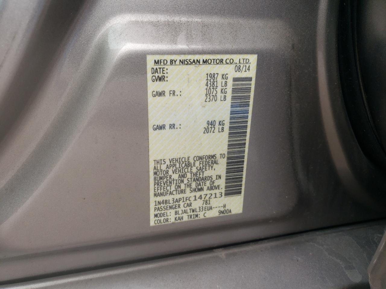 Photo 10 from auction – 2015 NISSAN ALTIMA 3.5 with VIN 1N4BL3AP1FC147213