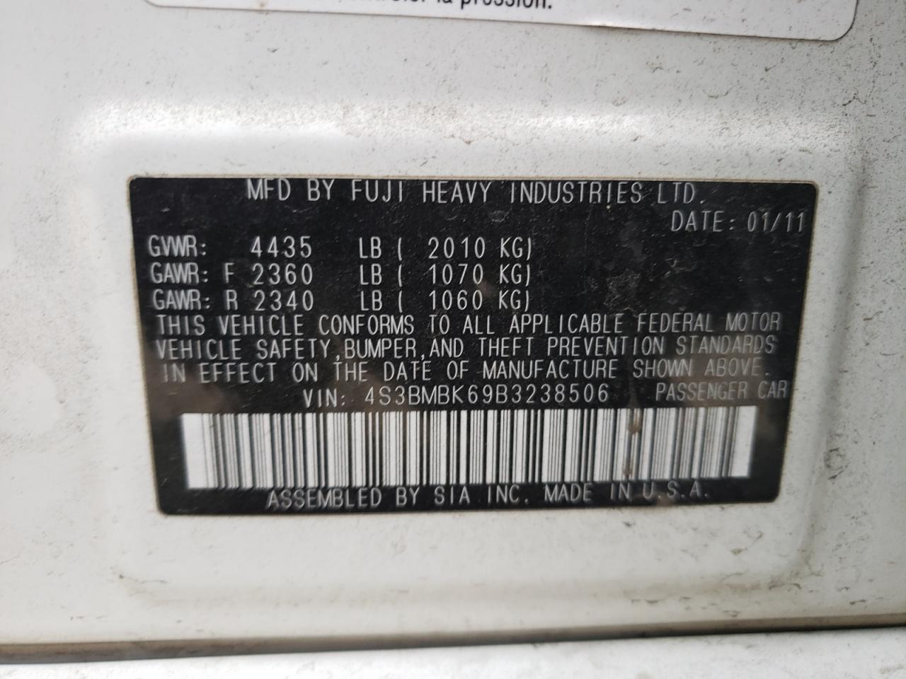 Photo 10 from auction – 2011 SUBARU LEGACY 2.5 with VIN 4S3BMBK69B3238506