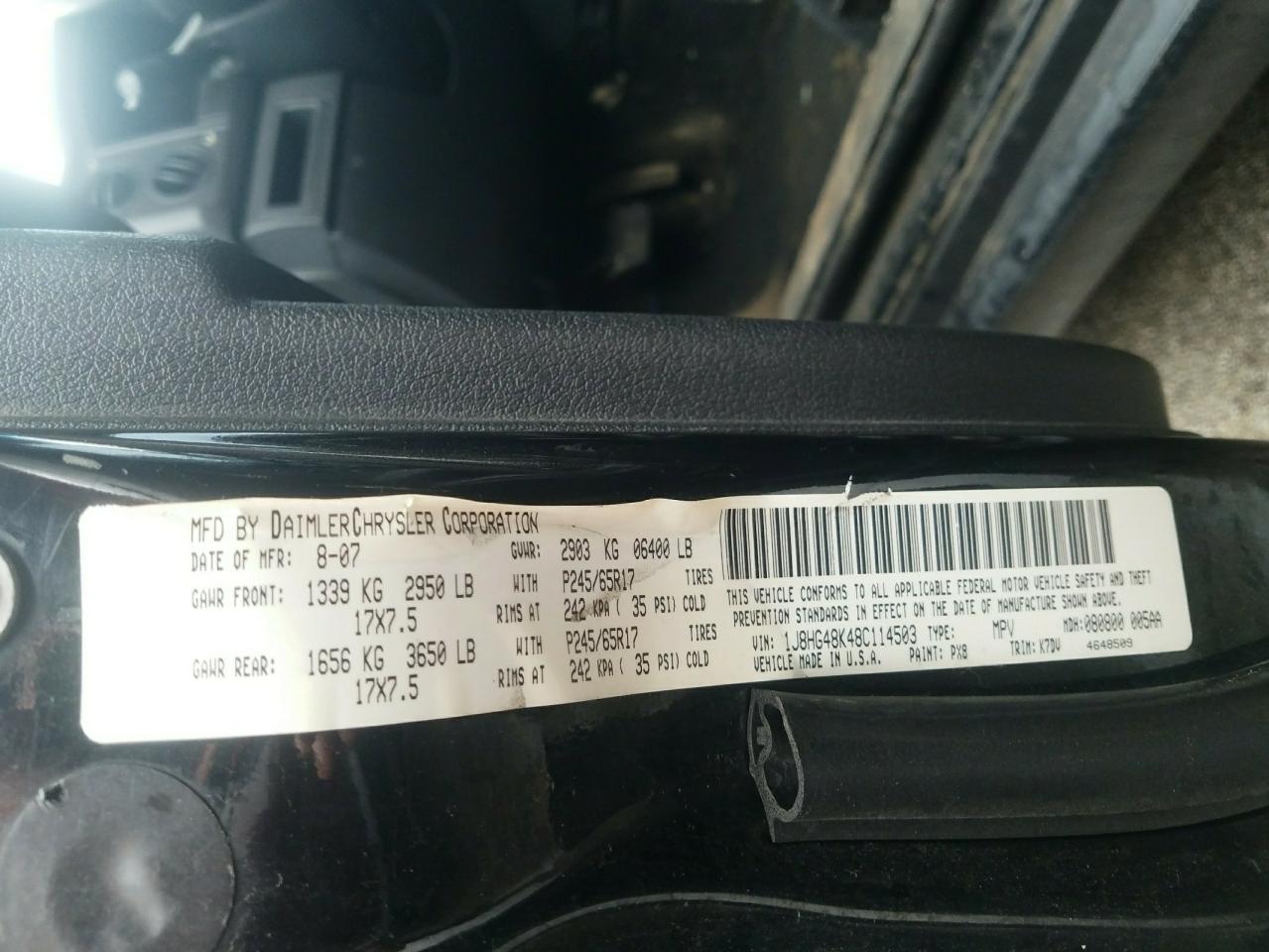 Photo 10 from auction – 2008 JEEP COMMANDER with VIN 1J8HG48K48C114503