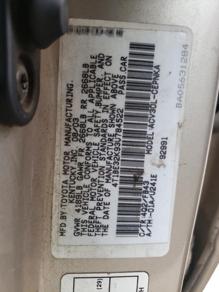 Photo 10 from auction – 2003 TOYOTA CAMRY LE with VIN 4T1BE32K93U784522