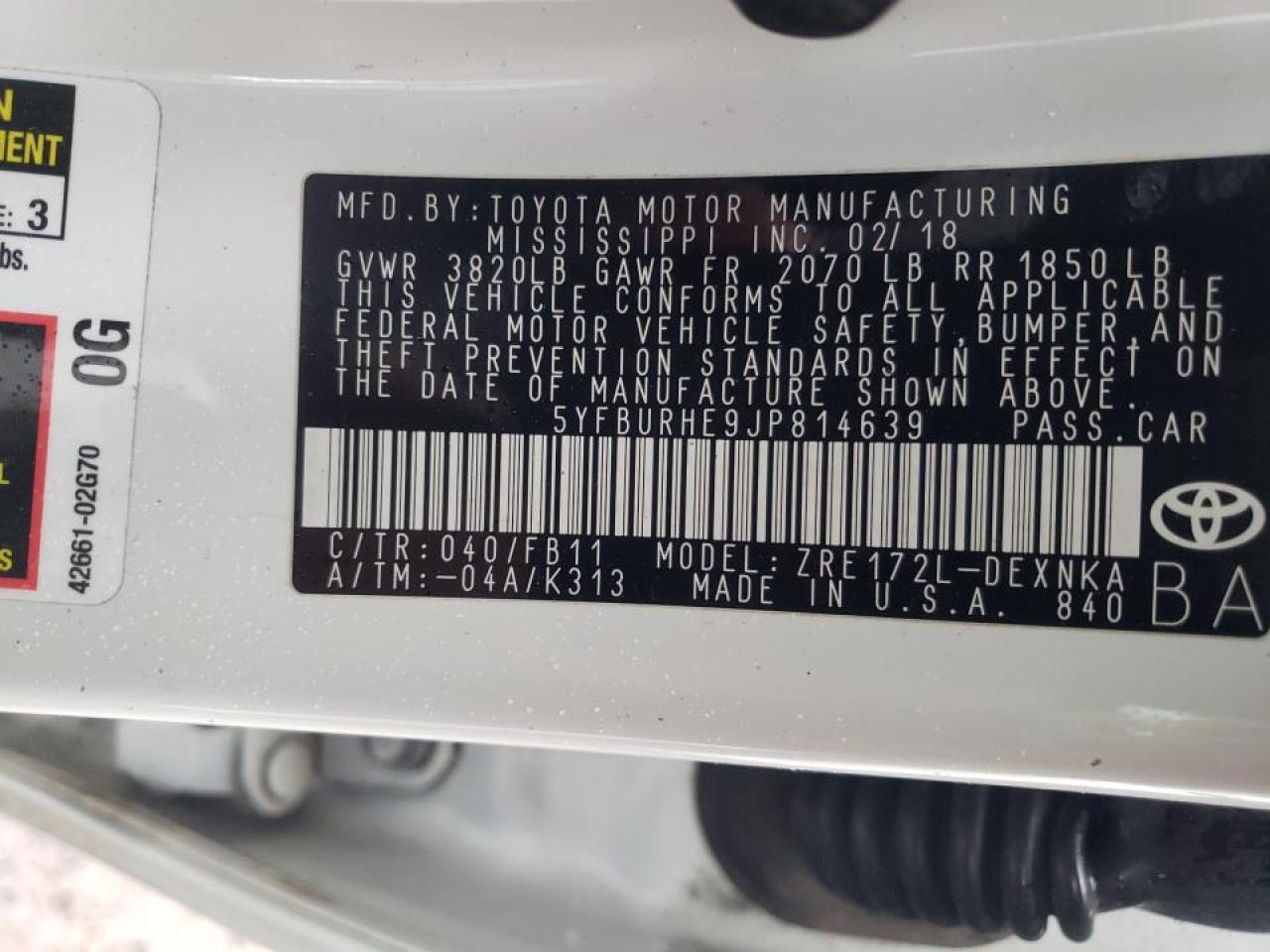 Photo 10 from auction – 2018 TOYOTA COROLLA L with VIN 5YFBURHE9JP814639