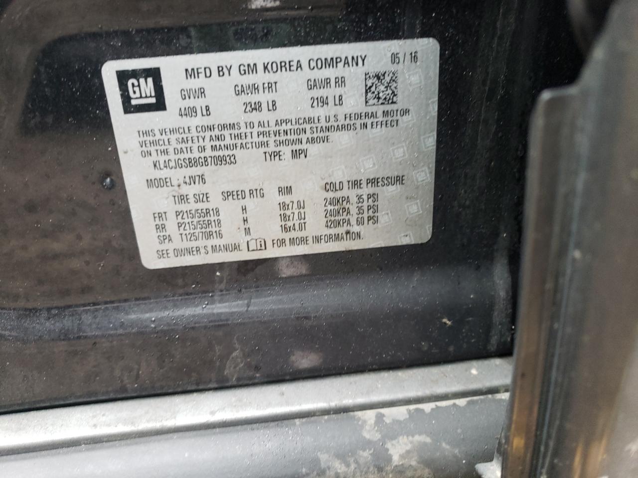 Photo 10 from auction – 2016 BUICK ENCORE with VIN KL4CJGSB8GB709933