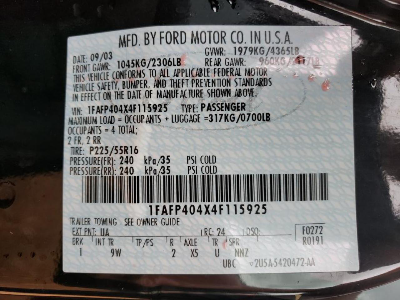 Photo 10 from auction – 2004 FORD MUSTANG with VIN 1FAFP404X4F115925