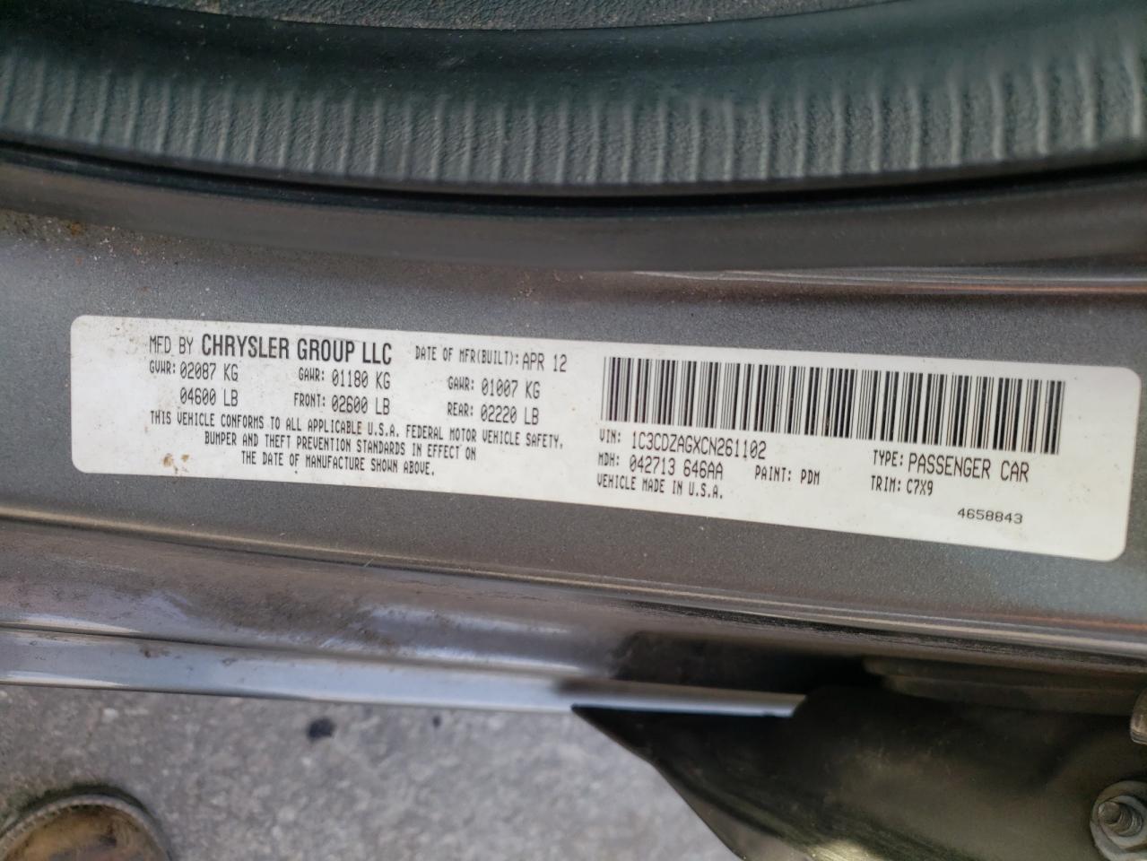 Photo 10 from auction – 2012 DODGE AVENGER SE with VIN 1C3CDZAGXCN261102