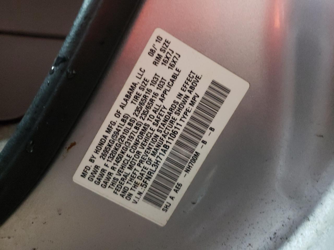 Photo 10 from auction – 2010 HONDA ODYSSEY EX with VIN 5FNRL3H71AB110611