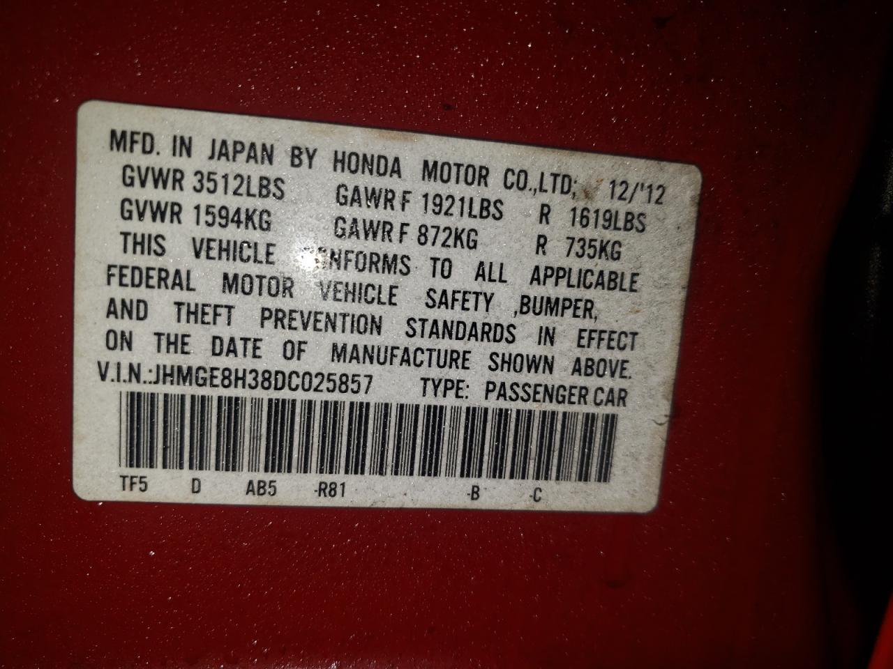 Photo 10 from auction – 2013 HONDA FIT with VIN JHMGE8H38DC025857