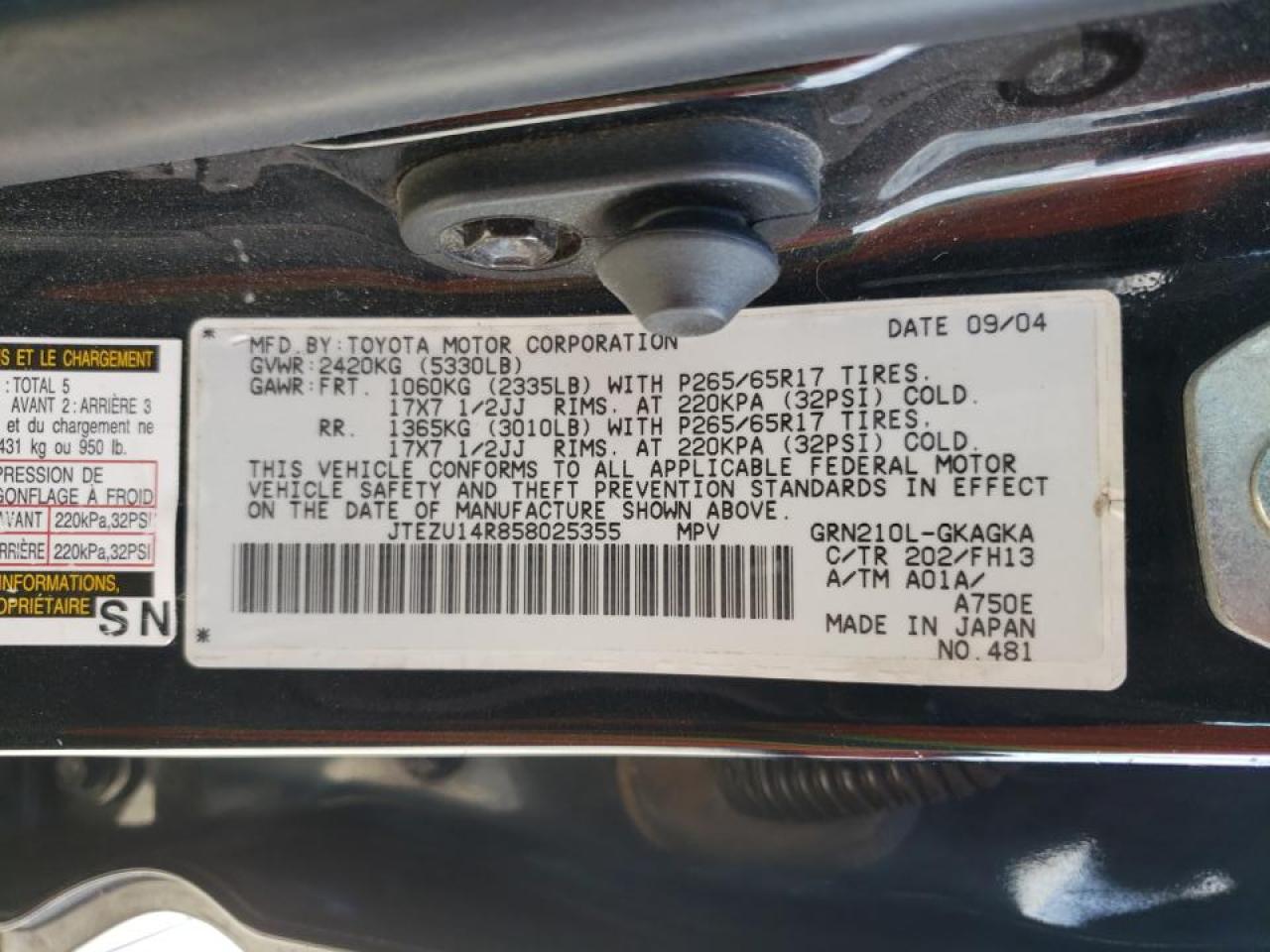 Photo 10 from auction – 2005 TOYOTA 4RUNNER SR with VIN JTEZU14R858025355