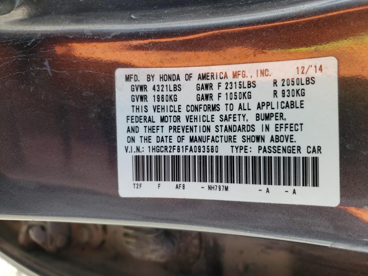 Photo 10 from auction – 2015 HONDA ACCORD EXL with VIN 1HGCR2F81FA093580
