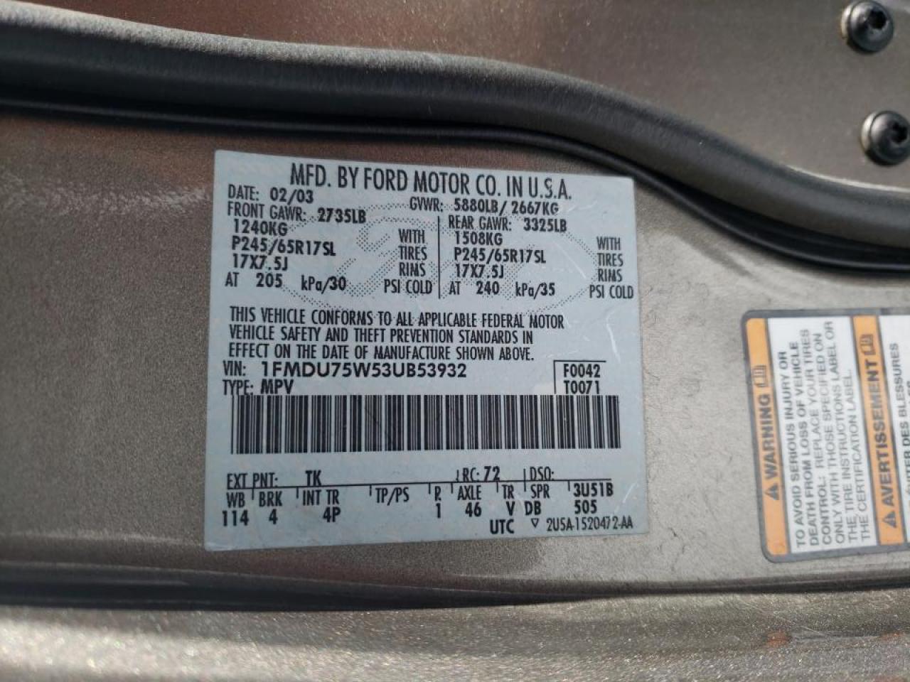 Photo 10 from auction – 2003 FORD EXPLORER L with VIN 1FMDU75W53UB53932
