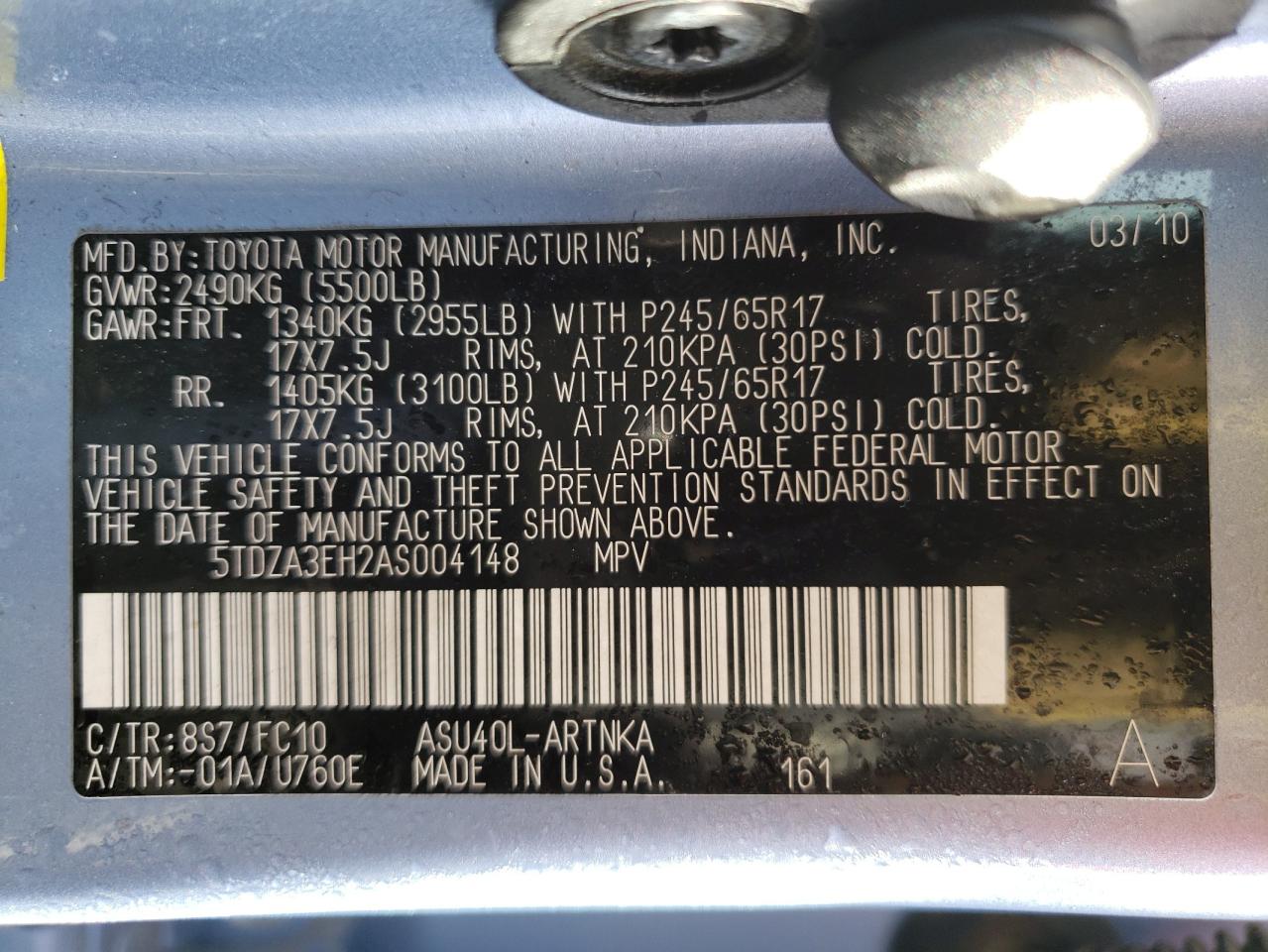 Foto 10 de la subasta – 2010 TOYOTA HIGHLANDER con VIN 5TDZA3EH2AS004148