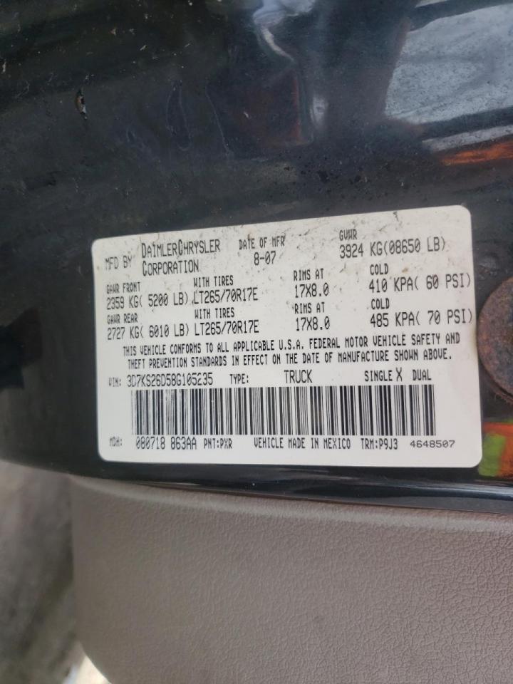 Photo 10 from auction – 2008 DODGE RAM 2500 S with VIN 3D7KS26D58G105235