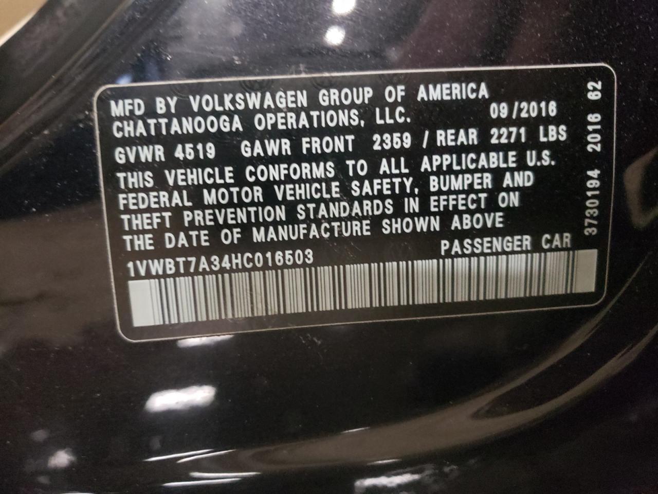 Photo 10 from auction – 2017 VOLKSWAGEN PASSAT SE with VIN 1VWBT7A34HC016503