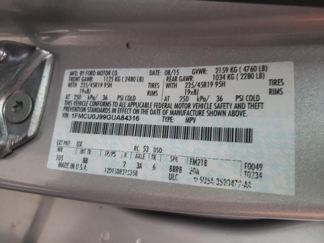 Photo 10 from auction – 2016 FORD ESCAPE TIT with VIN 1FMCU0J99GUA84316